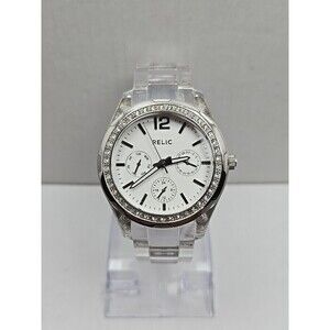 Relic Watch Women 38mm Pave Silver Tone White MOP Dial ZR11904 New Battery